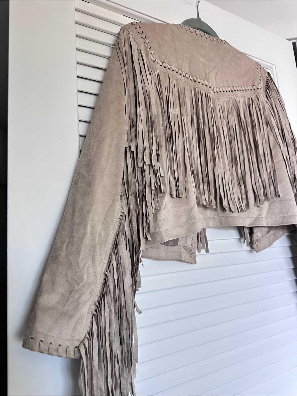 Amaryllis Faux Suede Fringe Jacket Boho Western Open Front Taupe M - Picture 8 of 13